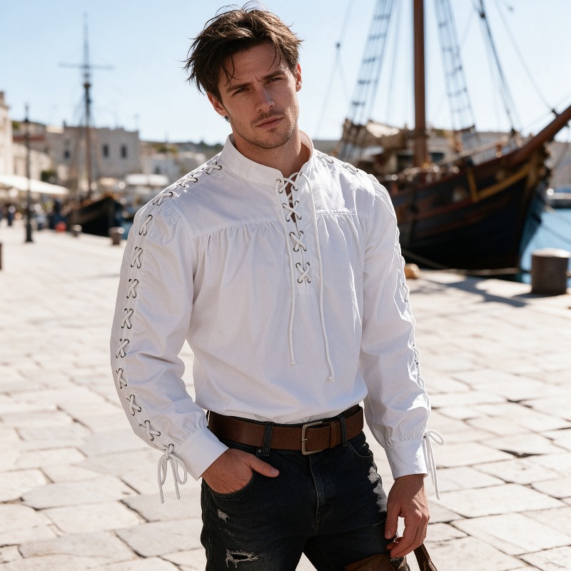 Medieval Gothic Lace Up Pirate Shirt - 男性用、中世風、海賊風、レースアップシャツ、ルネサンス様式、ゴシック様式、バイキング風、スチームパンク風、ハロウィーンコスチューム、包帯状の袖口、コスプレ、ウェディングトップス。