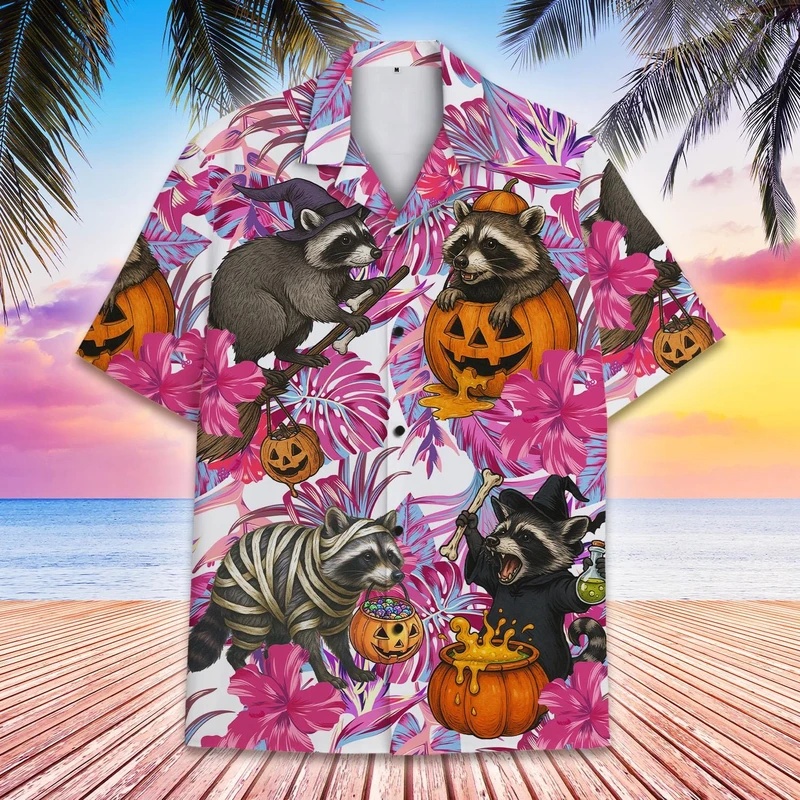 Vintage Hawaiian Floral Shirt - メンズサマーハワイアンラクーンパンプキンY2Kスカルシャツ、男性用ハロウィンファッションキュートな花柄カジュアルヴィンテージ原宿トップス