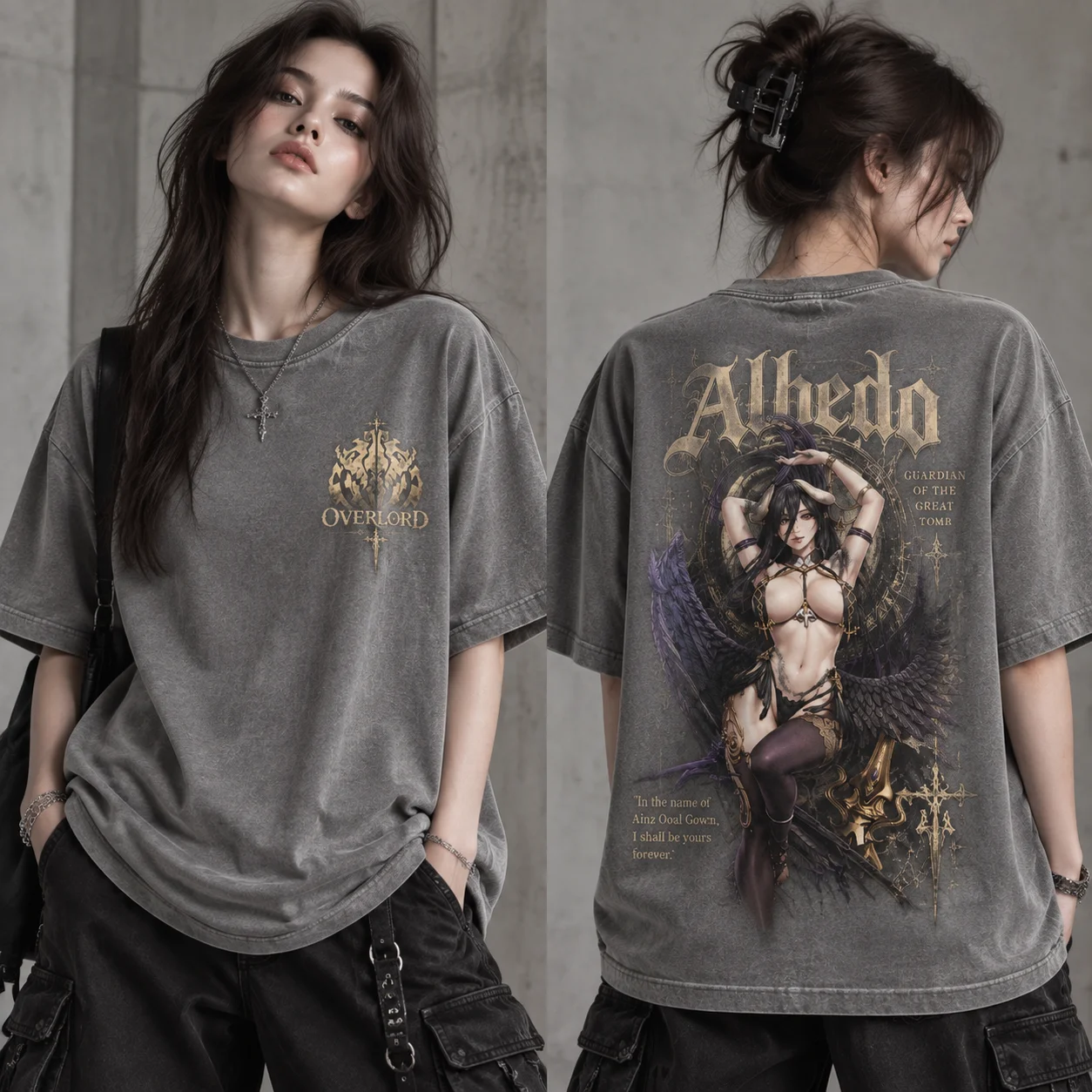 Acid Wash Vintage Graphic T Shirt - アルベド・オーバーロードのグラフィックTシャツ、両面にヴィンテージ風のウォッシュ加工を施したオーバーサイズTシャツ、ゴシックY2Kスタイルのストリートウェア、ユニセックスの半袖トップス。