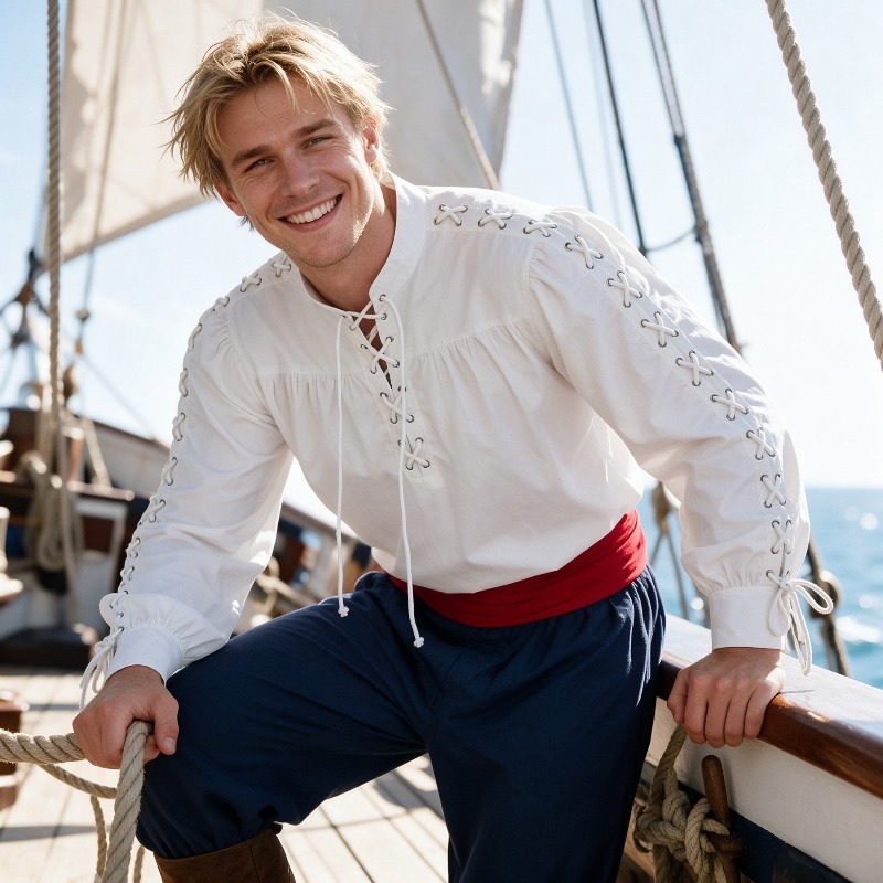 男性用、中世風、海賊風、レースアップシャツ、ルネサンス様式、 - Medieval Gothic Lace Up Pirate Shirt のレビューと価格