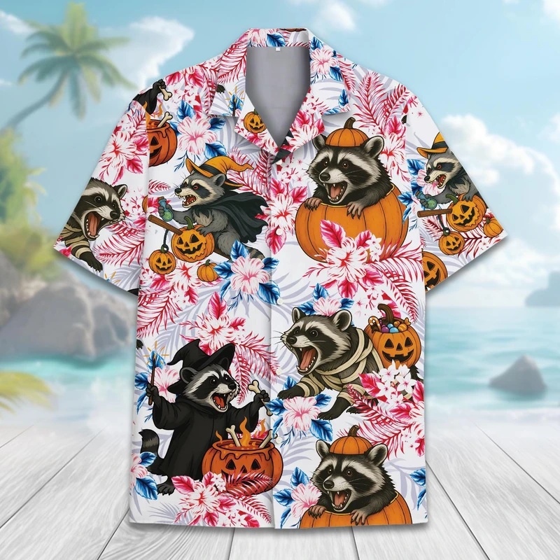 メンズサマーハワイアンラクーンパンプキンY2Kスカルシャツ、 - Vintage Hawaiian Floral Shirt のレビューと価格