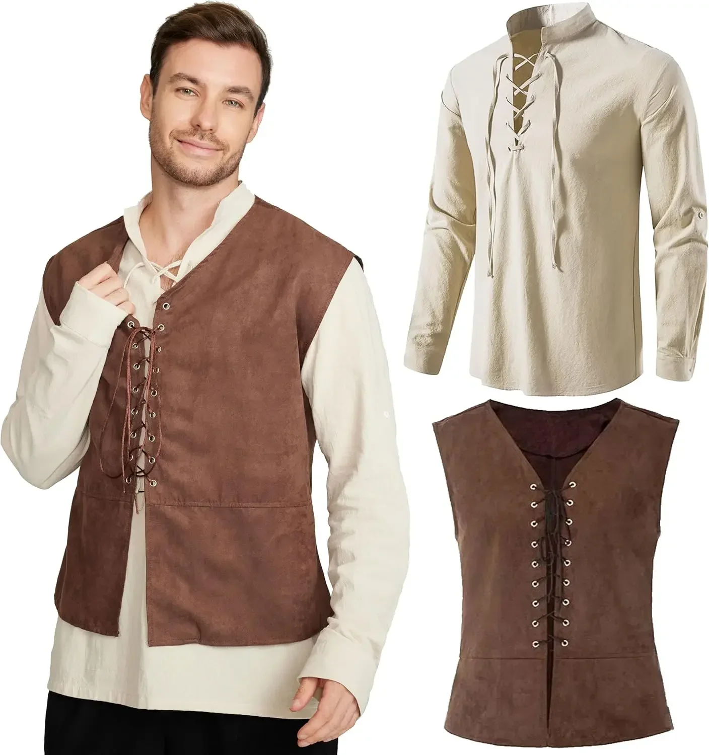 2ピースセット メンズ中世海賊ベスト 長袖シャツ 中世ルネサ - Medieval Gothic Lace Up Pirate Shirt のレビューと価格