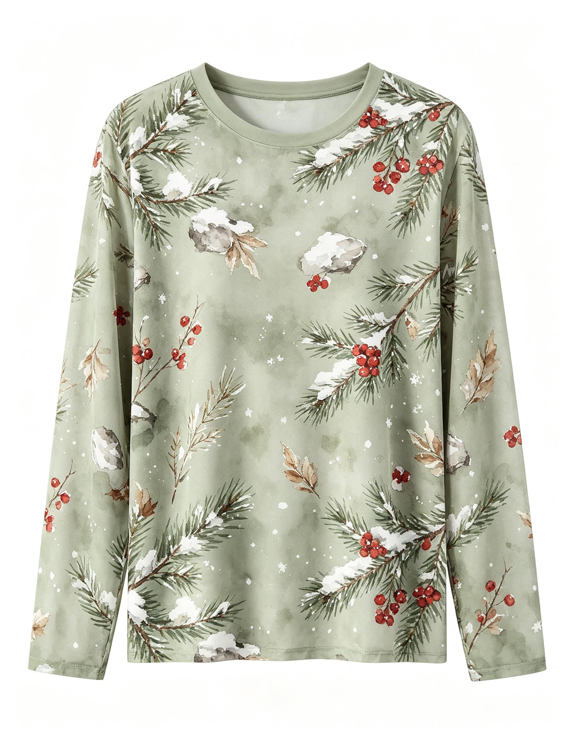 女性用クリスマス長袖Tシャツ、松の枝と赤いベリー、雪の冬景色 - T-Shirts のレビューと価格